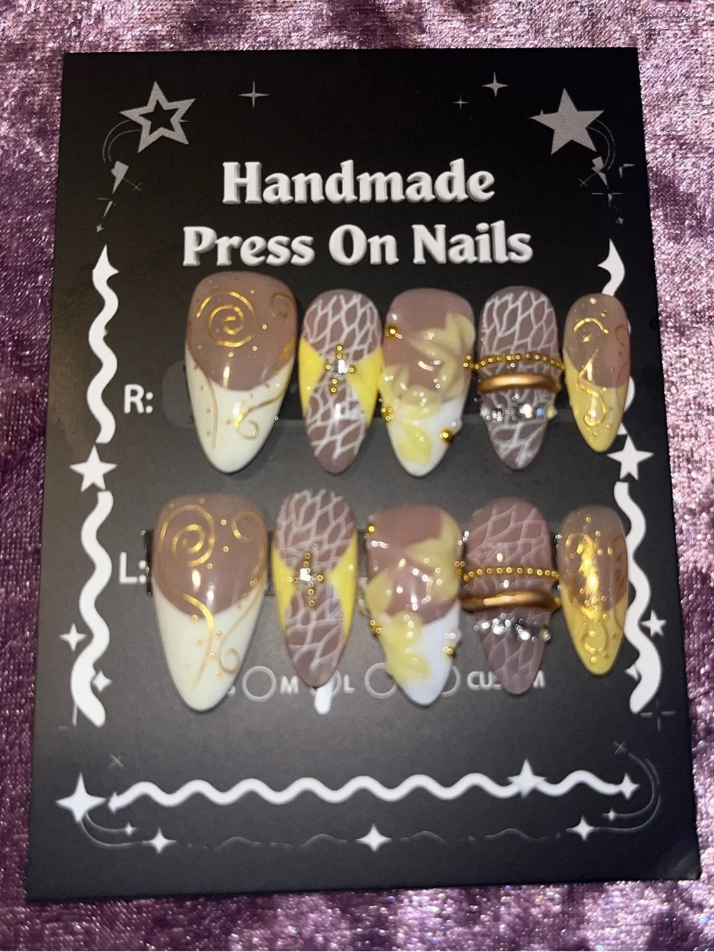 Handmade Press On Nails - Brown, White & Yellow Accent